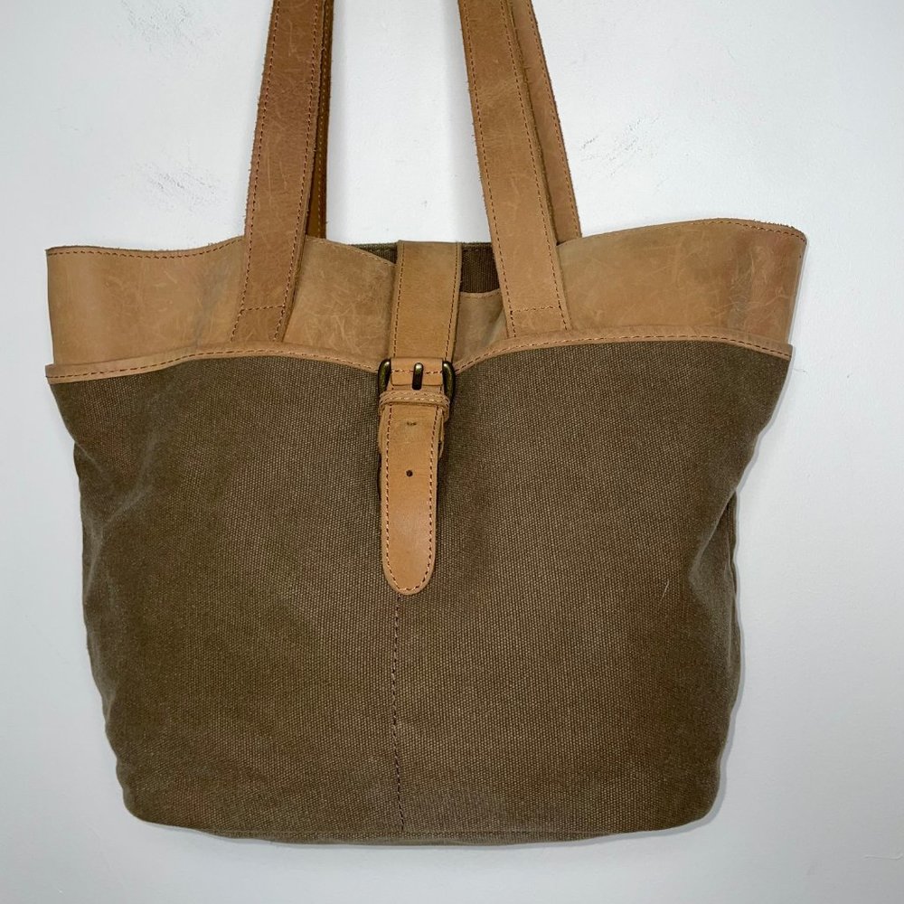 LL Bean Tote Handbag Canvas Leather Trim & Handles Large Purse Gorpcore,  Great - Picture 2 of 10
